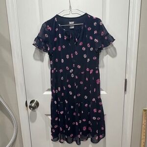 DKNY Navy Floral Print Tiered Ruffle Sleeve Dress Size 2